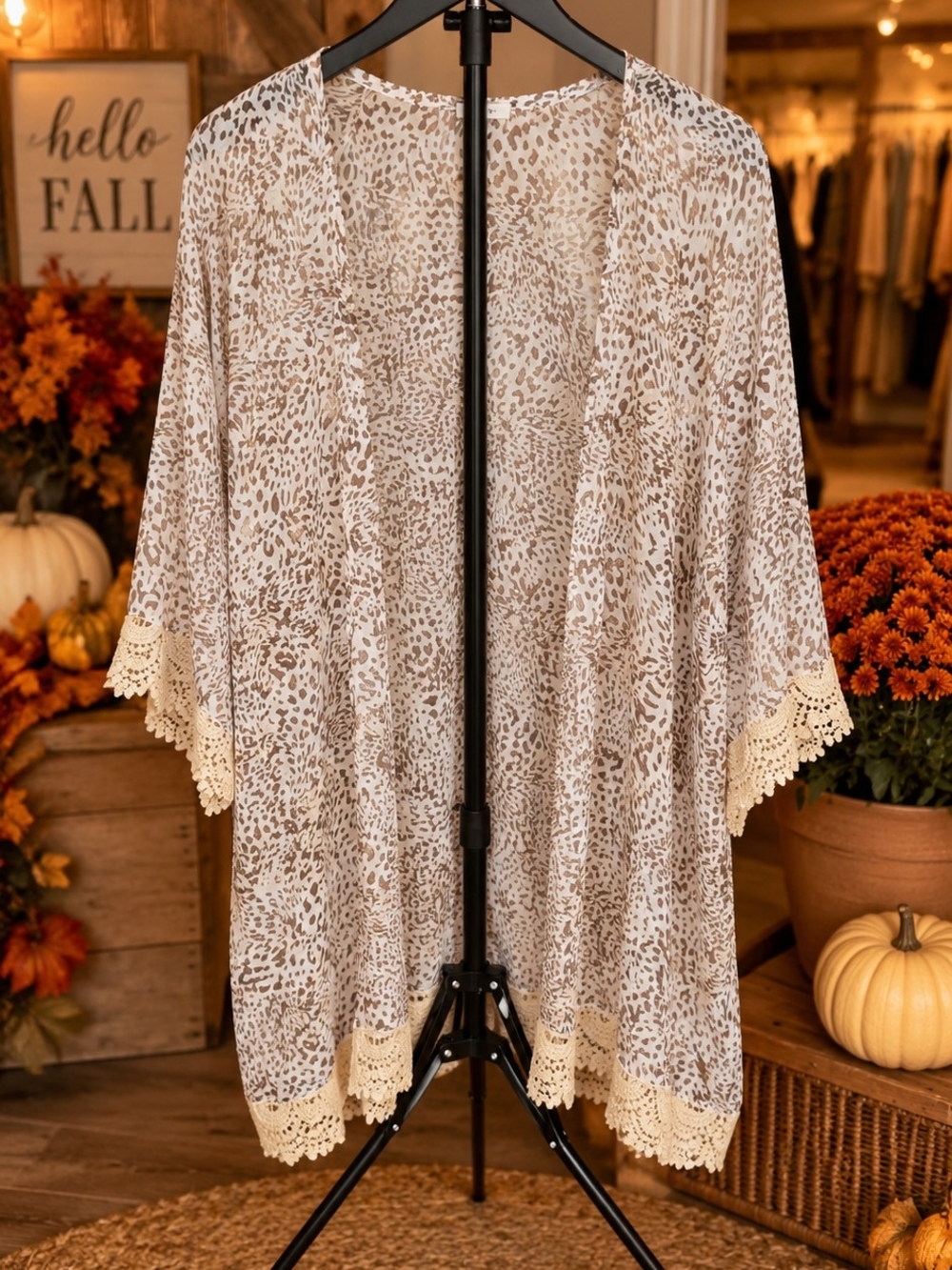 Maurices Cream Leopard Lace-Trim Kimono Cover-Up